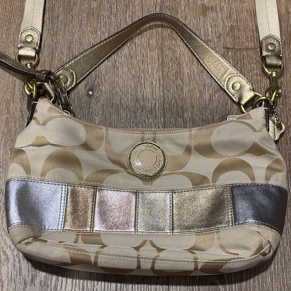 Coach Tan and Metallic Shoulder Bag